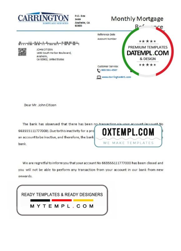 editable template, USA Carrington bank account closure reference letter template in Word and PDF format