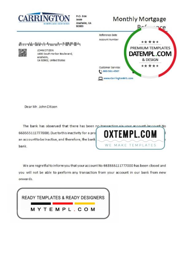 editable template, USA Carrington bank account closure reference letter template in Word and PDF format