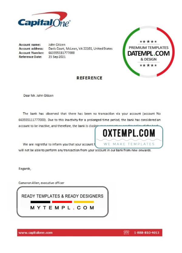 editable template, USA Capital One bank account closure reference letter template in Word and PDF format