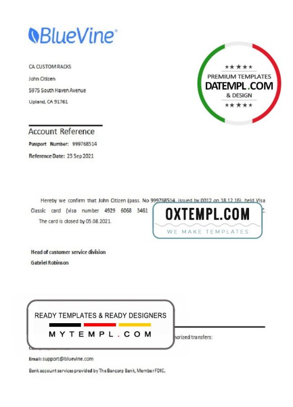 editable template, USA BlueVine bank account closure reference letter template in Word and PDF format