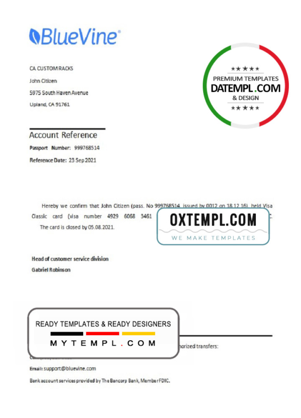 editable template, USA BlueVine bank account closure reference letter template in Word and PDF format