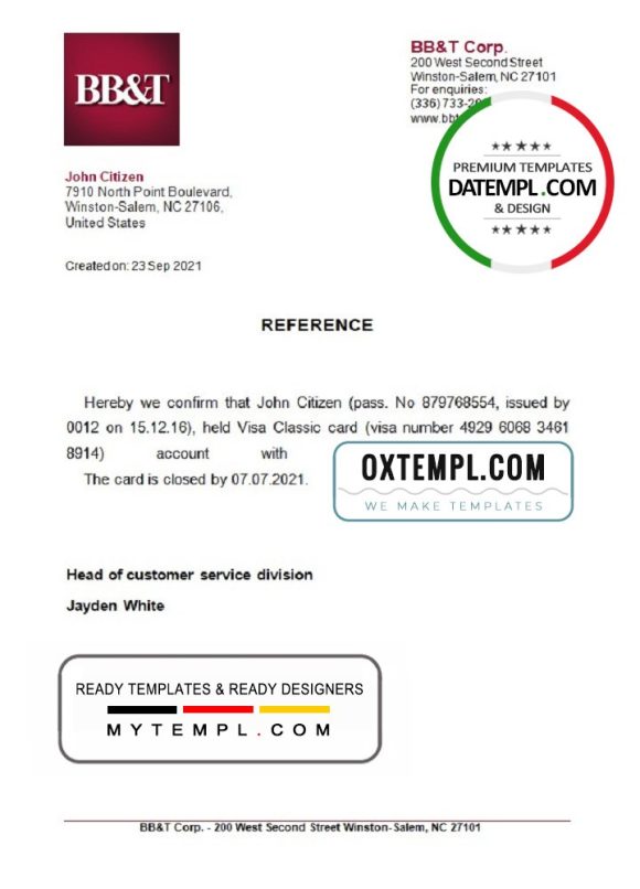 editable template, USA BB&T bank account closure reference letter template in Word and PDF format