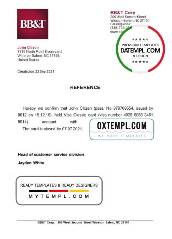 editable template, USA BB&T bank account closure reference letter template in Word and PDF format