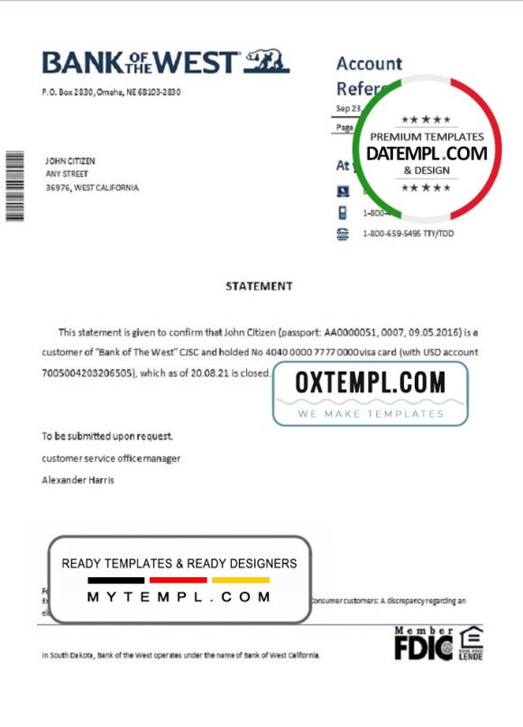 editable template, USA Bank of the West bank account closure reference letter template in Word and PDF format