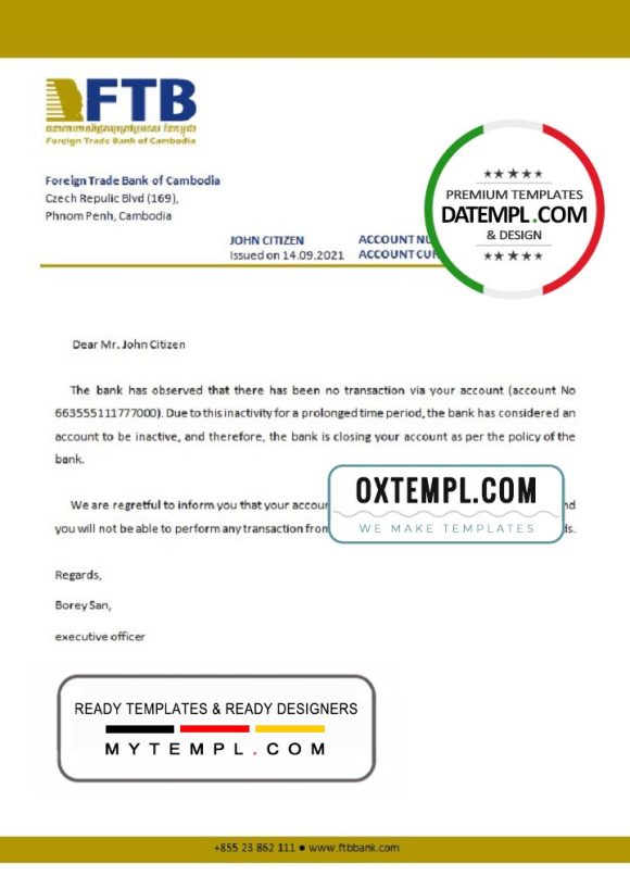 editable template, Cambodia Foreign Trade Bank of Cambodia bank account closure reference letter template in Word and PDF format