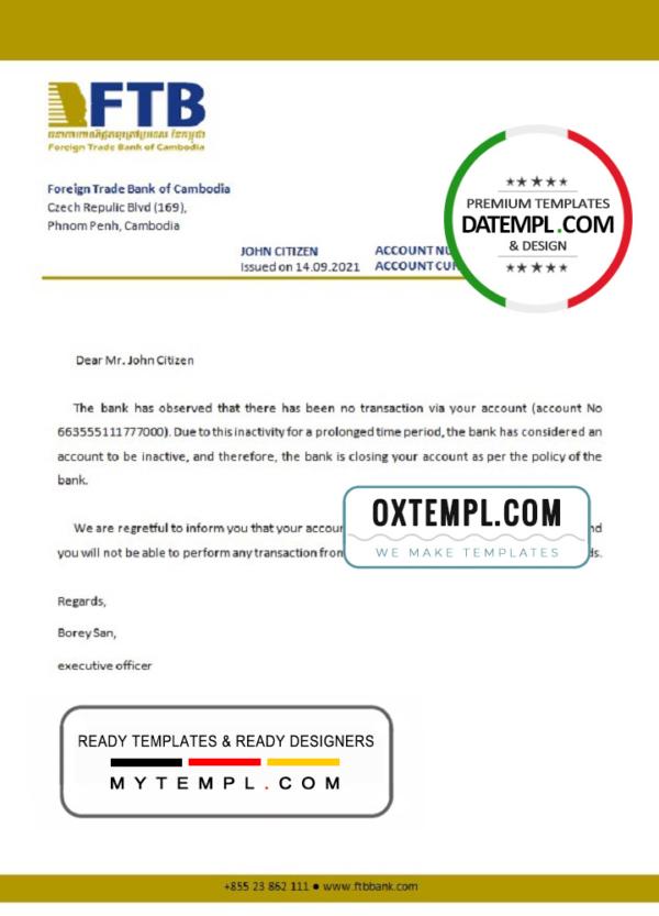 editable template, Cambodia Foreign Trade Bank of Cambodia bank account closure reference letter template in Word and PDF format