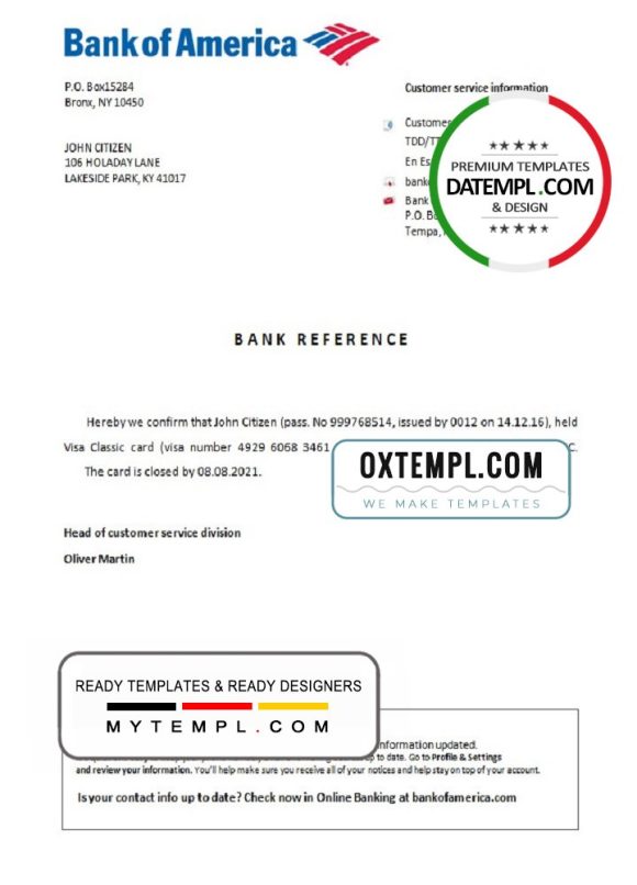 editable template, USA Bank of America bank account closure reference letter template in Word and PDF format