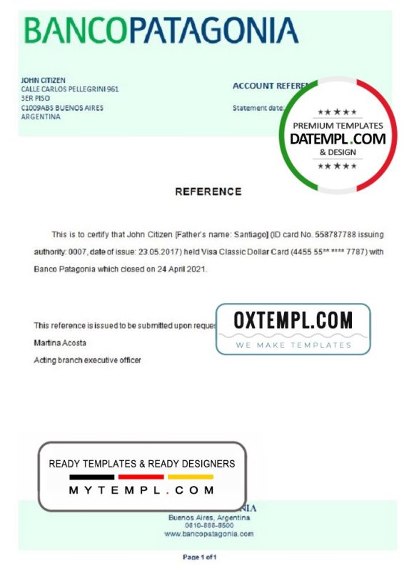 editable template, Argentina Banco Patagonia bank account closure reference letter template in Word and PDF format