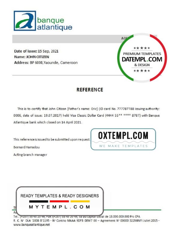 editable template, Cameroon The Atlantic bank account closure reference letter template in Word and PDF format