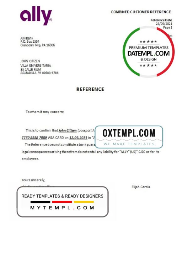 editable template, USA Ally bank account closure reference letter template in Word and PDF format