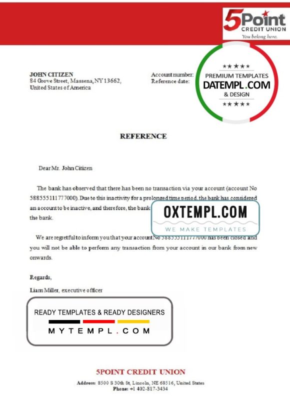 editable template, USA 5Point bank account closure reference letter template in Word and PDF format