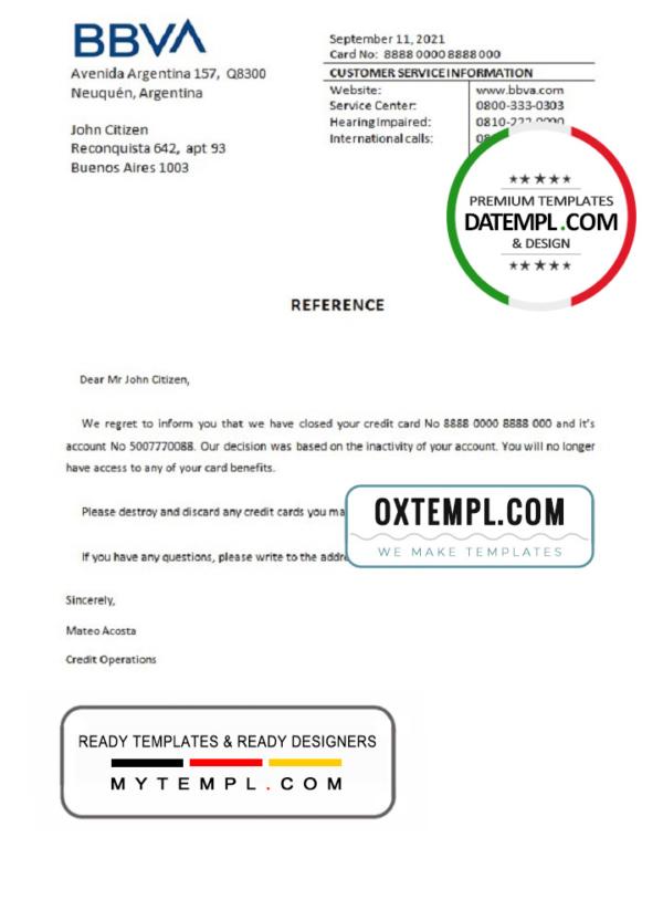 editable template, Argentina BBVA bank account closure reference letter template in Word and PDF format