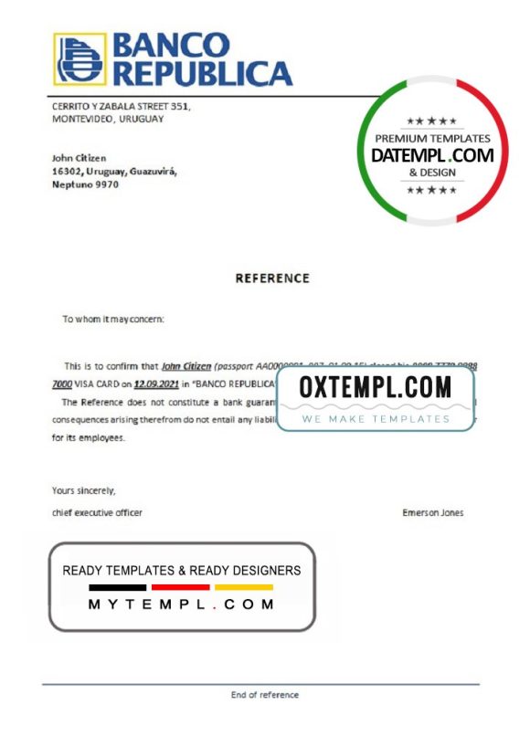 editable template, Uruguay Banco República bank account closure reference letter template in Word and PDF format