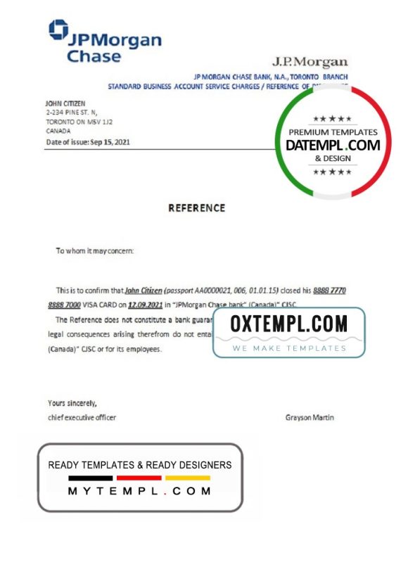 editable template, Canada JPMorgan Chase bank account closure reference letter template in Word and PDF format