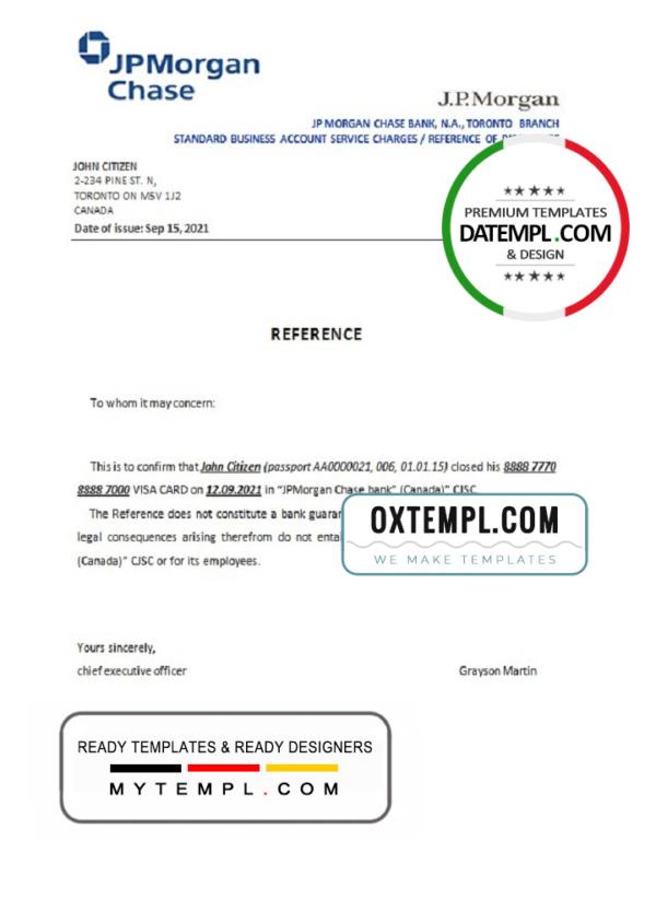 editable template, Canada JPMorgan Chase bank account closure reference letter template in Word and PDF format