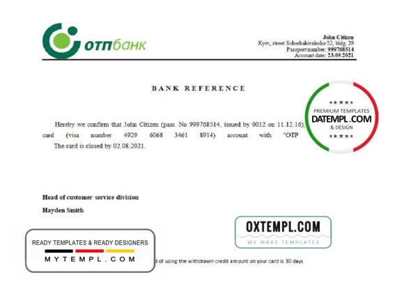editable template, Ukraine OTP bank account closure reference letter template in Word and PDF format