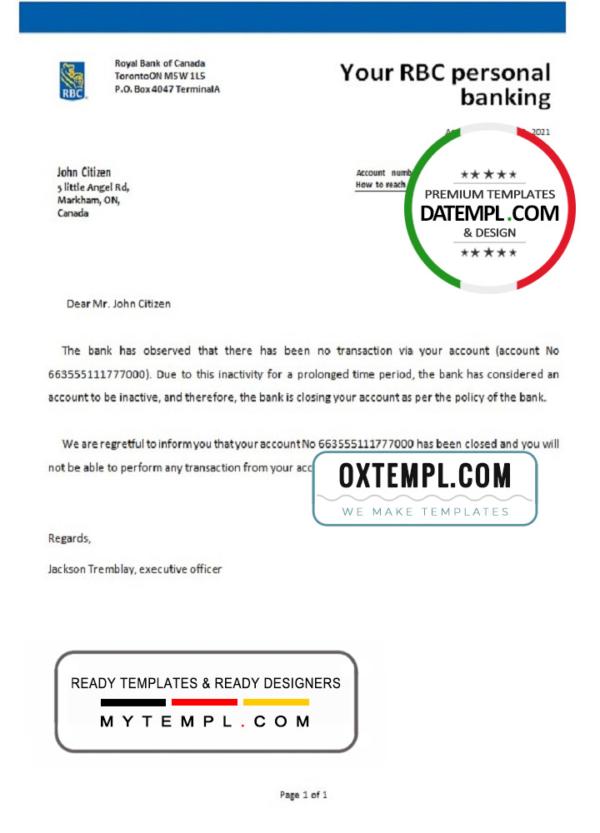 editable template, Canada Royal Bank of Canada (RBC) bank account closure reference letter template in Word and PDF format