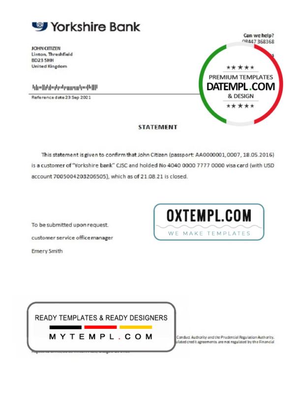 editable template, United Kingdom Yorkshire bank account closure reference letter template in Word and PDF format