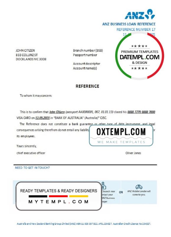 editable template, Australia ANZ bank account closure reference letter template in Word and PDF format
