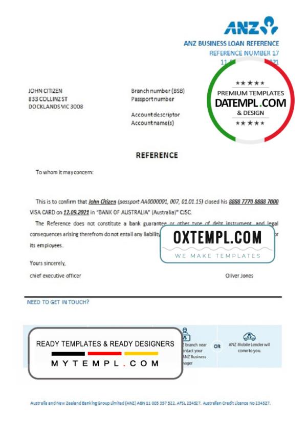 editable template, Australia ANZ bank account closure reference letter template in Word and PDF format
