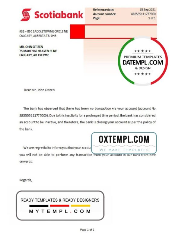 editable template, Canada Scotiabank account closure reference letter template in Word and PDF format