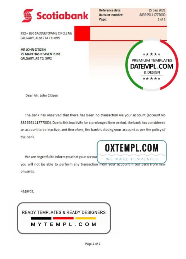 editable template, Canada Scotiabank account closure reference letter template in Word and PDF format