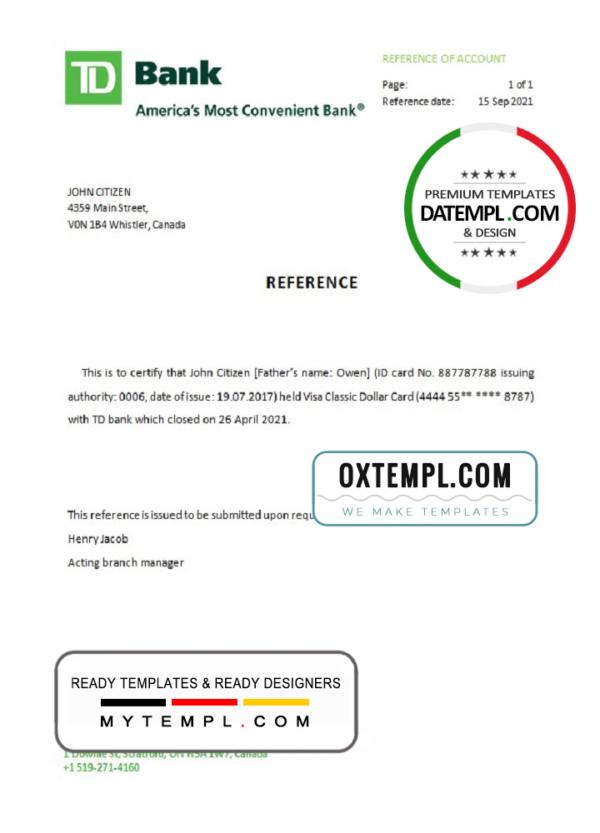 editable template, Canada TD Bank account closure reference letter template in Word and PDF format