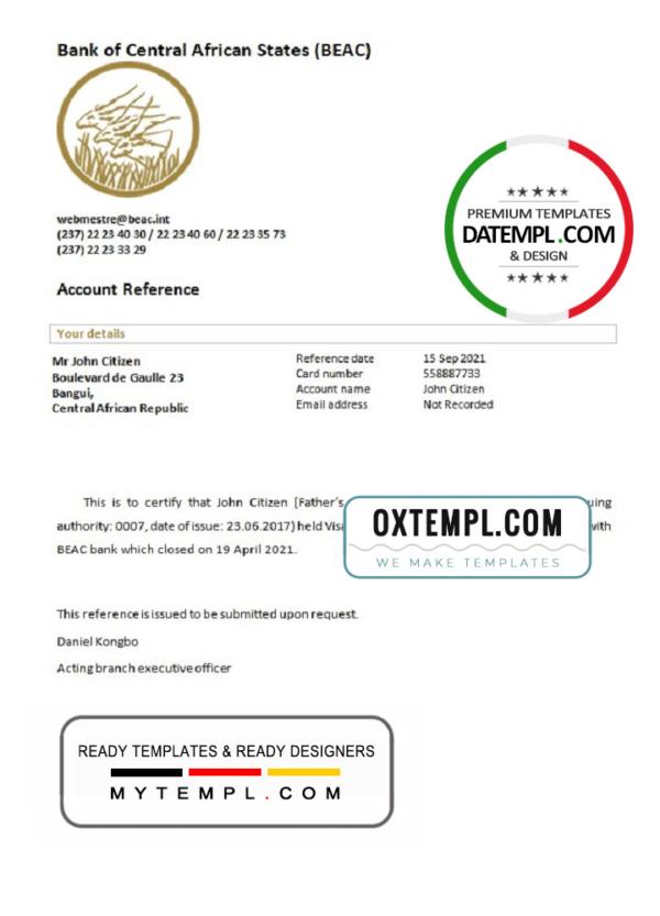 editable template, Central African Republic Bank of Central African States (BEAC) bank account closure reference letter template in Word and PDF format