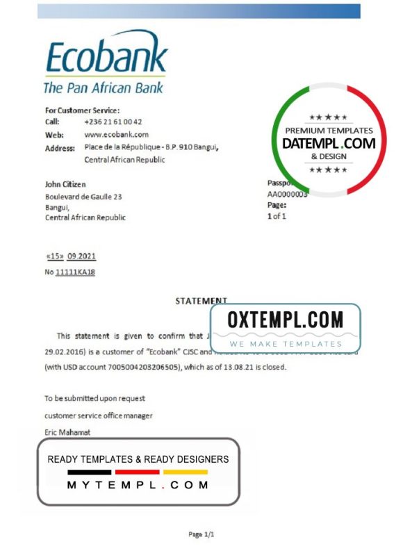 editable template, Central African Republic Ecobank bank account closure reference letter template in Word and PDF format