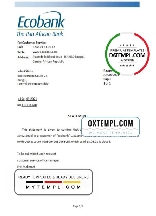 editable template, Central African Republic Ecobank bank account closure reference letter template in Word and PDF format
