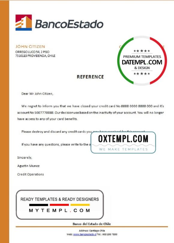 editable template, Chile Banco del Estado de Chile bank account closure reference letter template in Word and PDF format