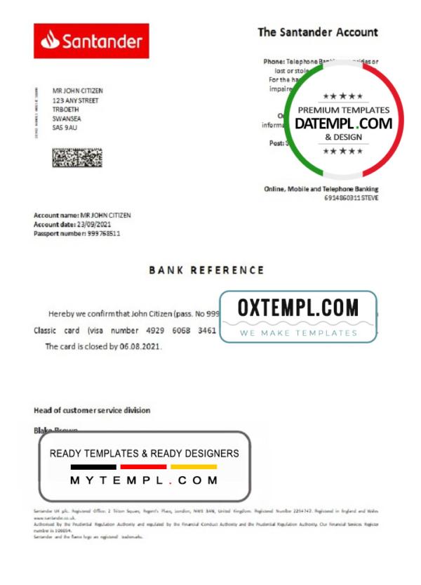 editable template, United Kingdom Santander bank account closure reference letter template in Word and PDF format