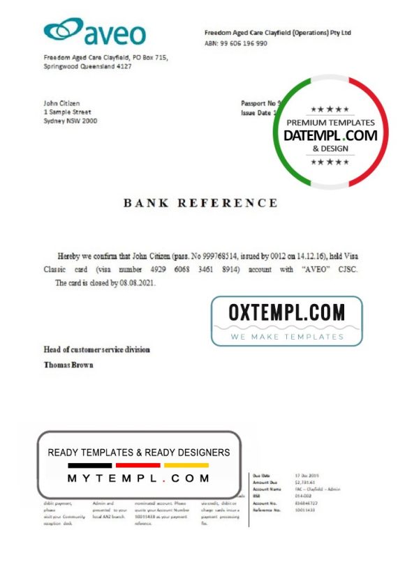 editable template, Australia Aveo bank account closure reference letter template in Word and PDF format