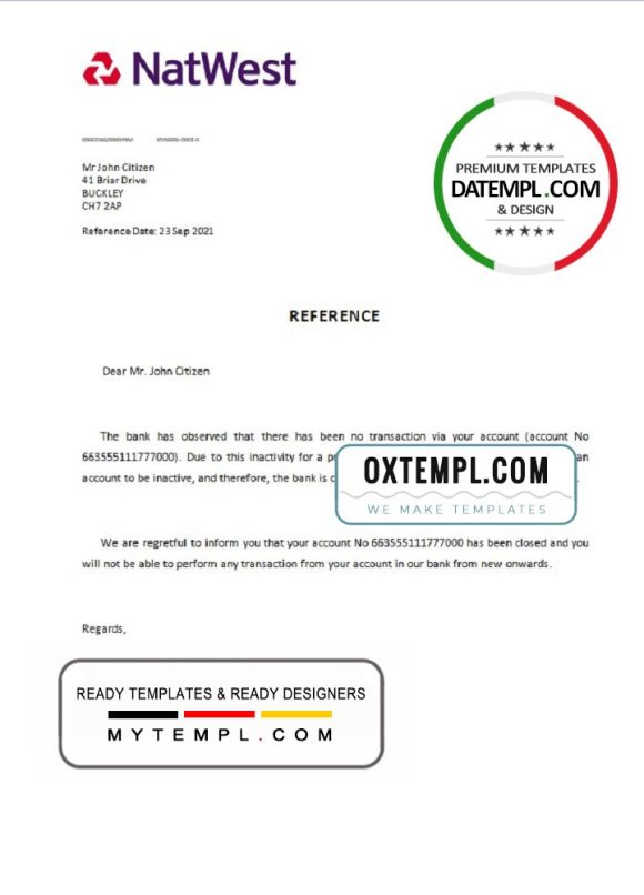 editable template, United Kingdom Natwest bank account closure reference letter template in Word and PDF format