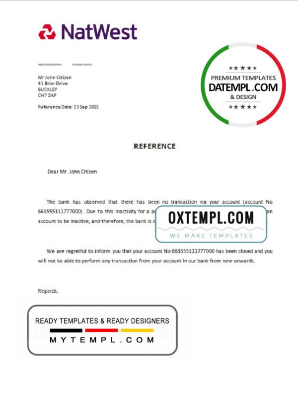 editable template, United Kingdom Natwest bank account closure reference letter template in Word and PDF format