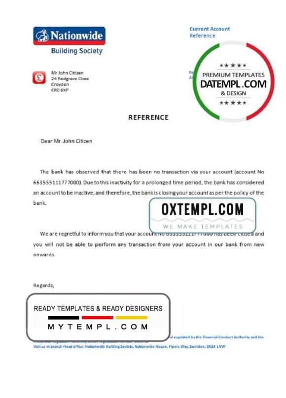 editable template, United Kingdom Nationwide bank account closure reference letter template in Word and PDF format