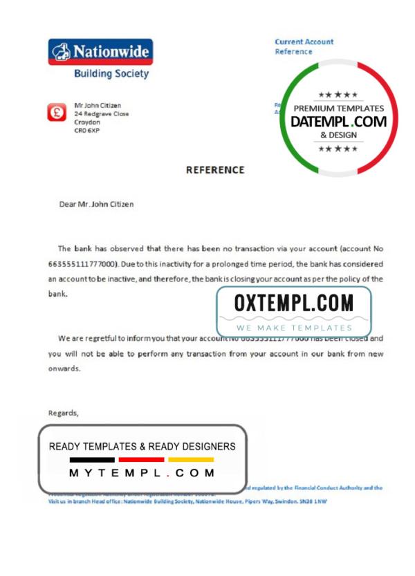 editable template, United Kingdom Nationwide bank account closure reference letter template in Word and PDF format
