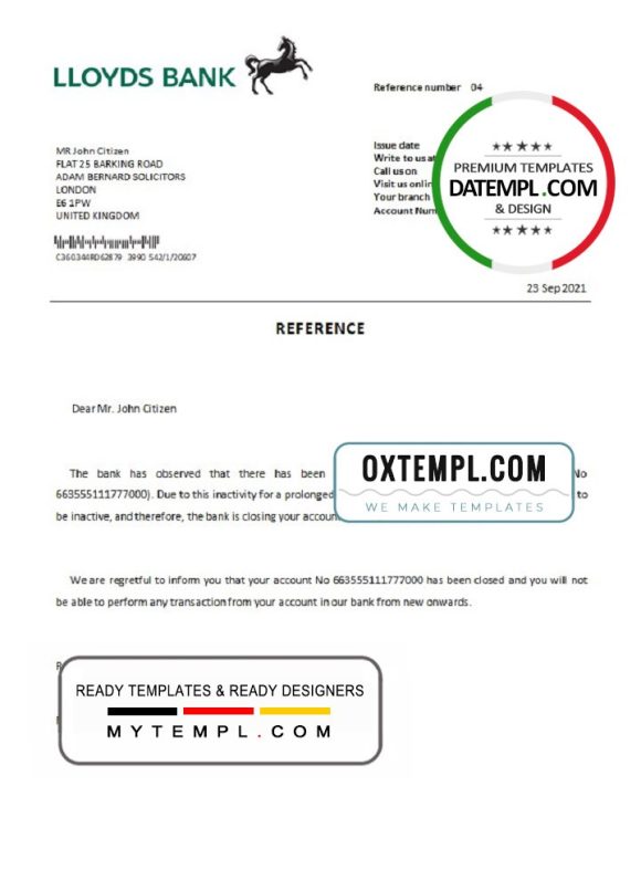 editable template, United Kingdom Lloyds bank account closure reference letter template in Word and PDF format