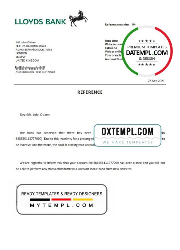 editable template, United Kingdom Lloyds bank account closure reference letter template in Word and PDF format