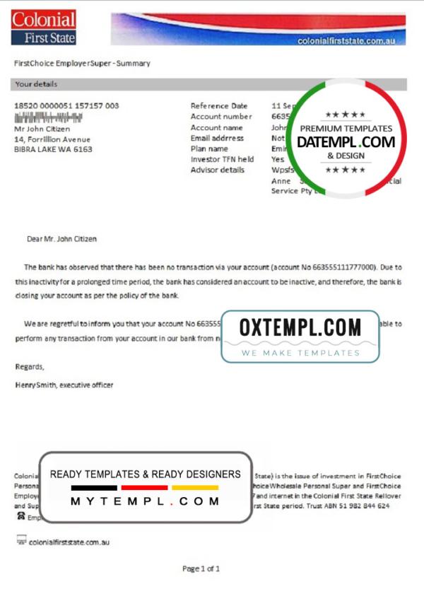 editable template, Australia Colonial First State bank account closure reference letter template in Word and PDF format