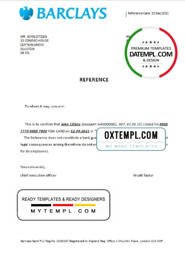 editable template, United Kingdom Barclays bank account closure reference letter template in Word and PDF format