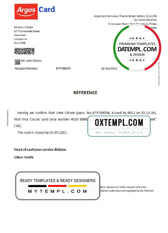 editable template, United Kingdom Argos card bank account payment closure reference proof of address template in Word and PDF format