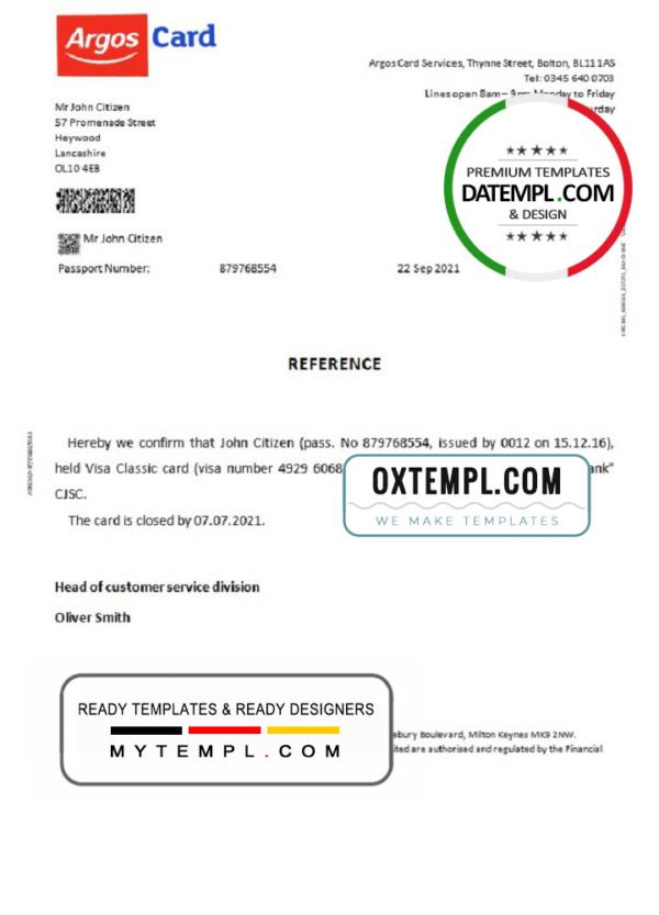 editable template, United Kingdom Argos card bank account payment closure reference proof of address template in Word and PDF format