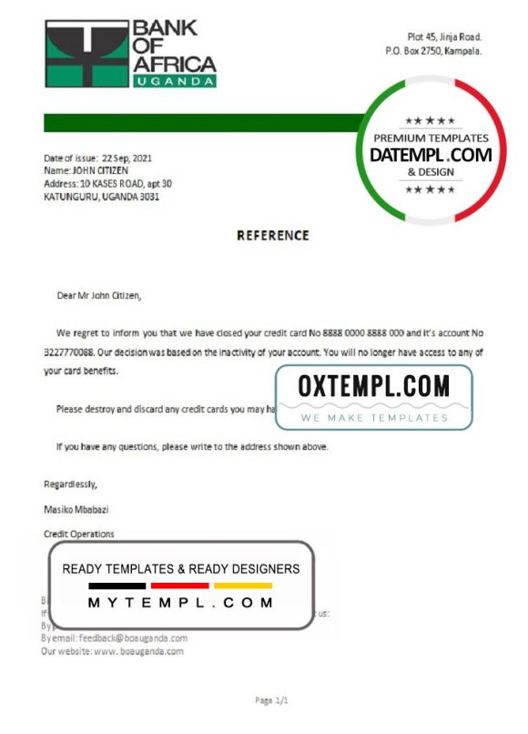 editable template, Uganda Bank of Africa account closure reference letter template in Word and PDF format