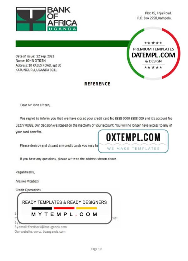 editable template, Uganda Bank of Africa account closure reference letter template in Word and PDF format