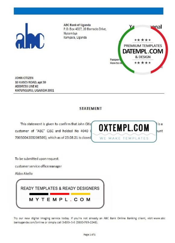 editable template, Uganda ABC bank account closure reference letter template in Word and PDF format