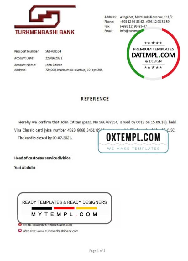 editable template, Turkmenistan Turkmenbashi bank account closure reference letter template in Word and PDF format