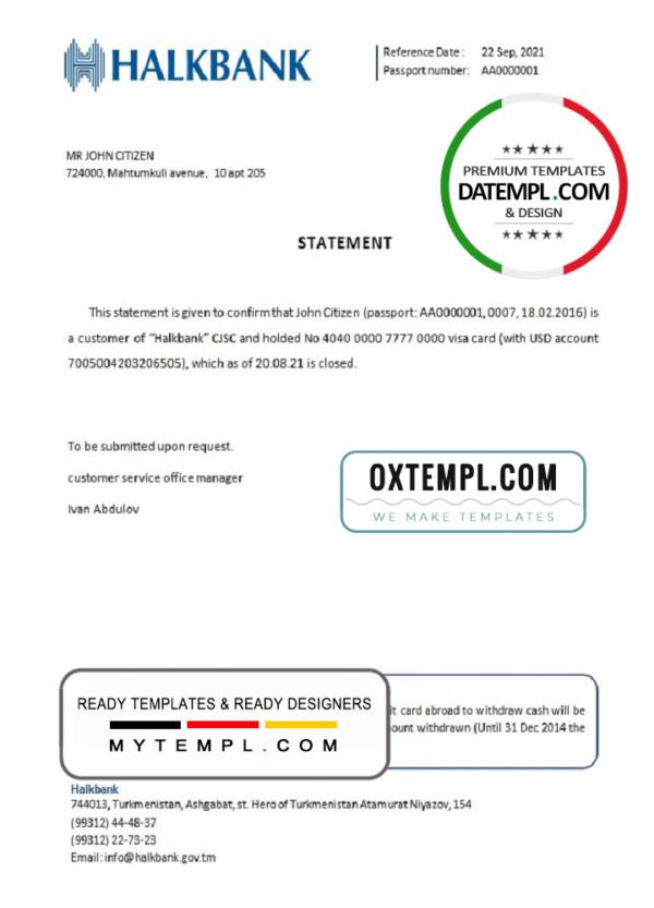 editable template, Turkmenistan Halkbank account closure reference letter template in Word and PDF format