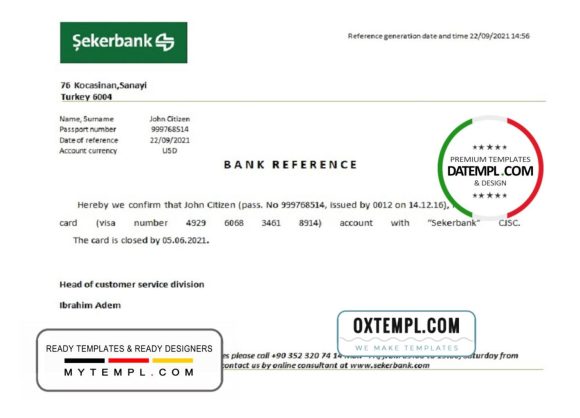 editable template, Turkey Sekerbank account closure reference letter template in Word and PDF format