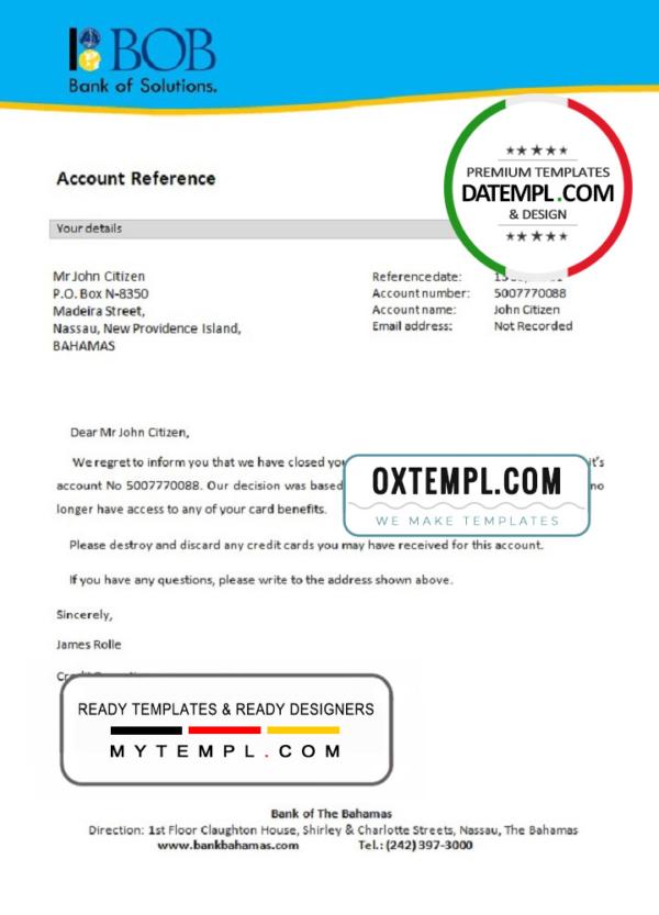 editable template, The Bahamas Bank of The Bahamas bank account closure reference letter template in Word and PDF format